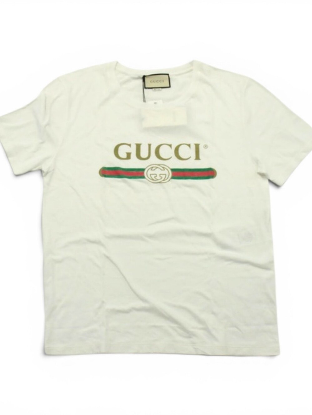 Gucci White Tee with Gold Logo and Green-Red Stripe Sherry Line NWT XL